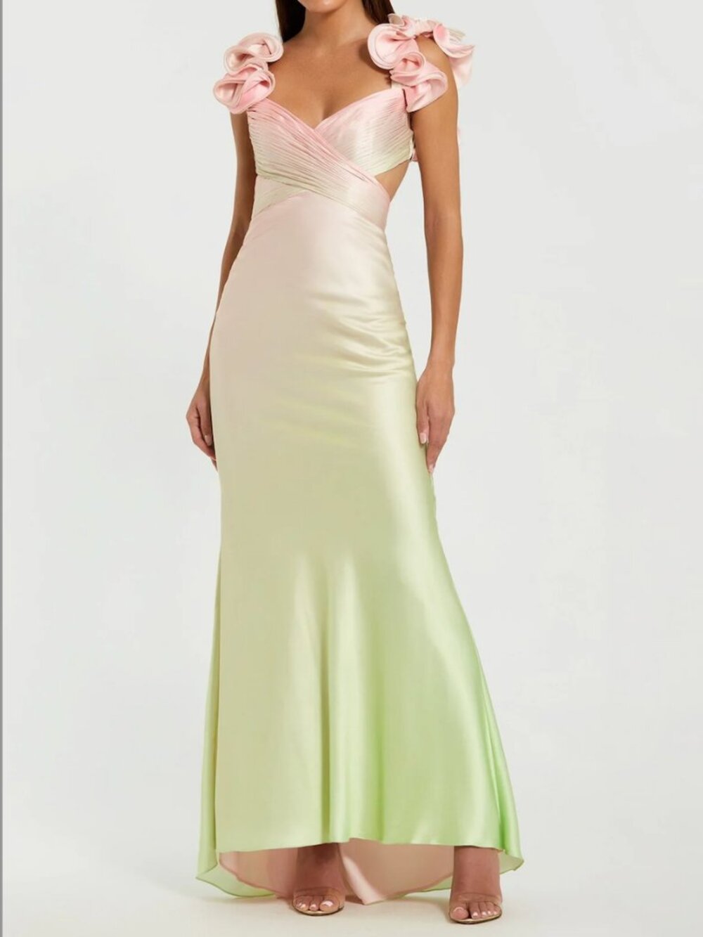 Mac Duggal 68500 Charmeuse Ruffle Strap Dress Gown Pink Green Lace Up Back 8